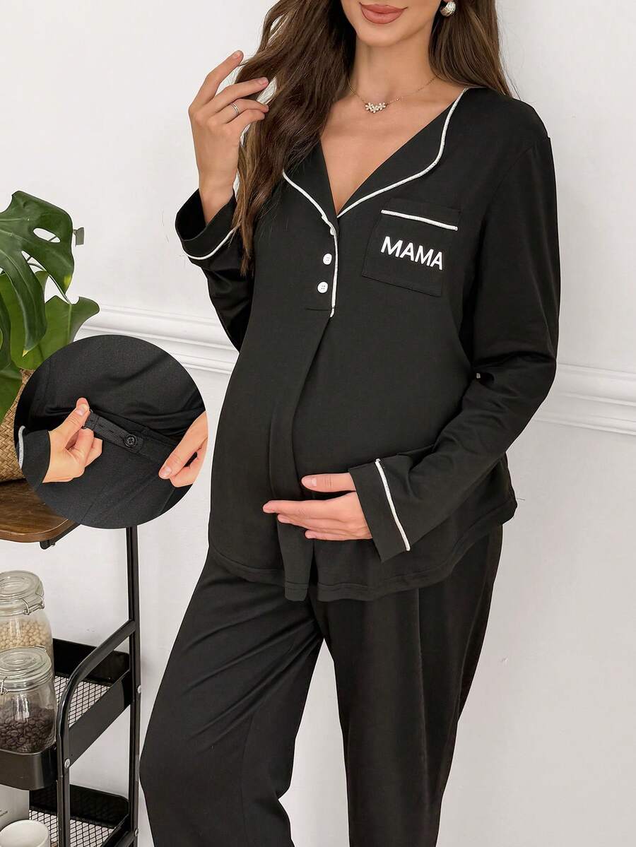 Moonlight&Mama Casual Solid Color Letter Print MAMA Lapel Long Sleeve Button-Up Pullover Trim Top And Pants Maternity Loungewear Set - Black - View 1