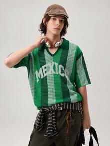 Vaulklash Men's Letter Print Striped V-Collar Short Sleeve Knit Top, Football - Green - View 5