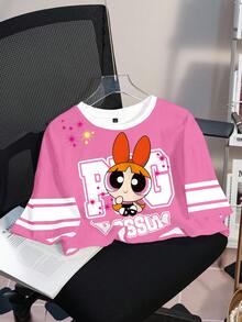 THE POWERPUFF GIRLS X SHEIN 女款字母卡通印花短袖休閒短版T恤 - 白色 - 查看 8
