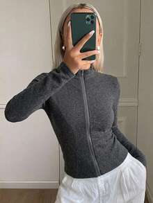 DAZY 女款小立領長袖修身仿針織內搭休閒薄款夾克 - 深灰色 - 查看 3