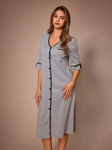 Lazeform Cardigan Bergaris Vertikal Lengan Pendek Leher V Panjang Tekstur Bergaris Lembut Nyaman Pakaian Santai Wanita - Grey - View 7