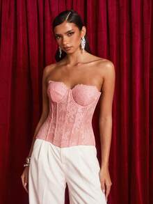 Glamine Women's Lace Patchwork Sexy Date Strapless Top - Coral Pink - View 5