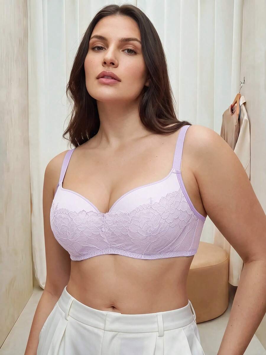 Bralution Plus Size Underwire Lace Patchwork Bra - Mauve Purple - View 1