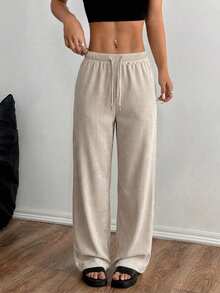SHEIN PETITE Women's Autumn Solid Color Versatile Straight Leg Pants - Khaki - View 1