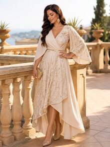Auveirra Plus Size Women's V-Neck 3D Floral Decor Casual Party & Travel Dress Fall Elegant - Khaki - View 10