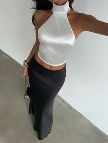Glamine Charm White Satin High Neck Halter Tank Top,With Eyelash Lace Spliced Open Back For Birthday Party - White - View 7