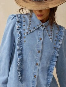 Bohemela Women's Long Sleeve Metal Star Decor Single-Breasted Denim Shirt Autumn Y2K Country 90s Western Tops Clothing Mexican Blouse Rave Concert Light Blue - Light Wash - View 7