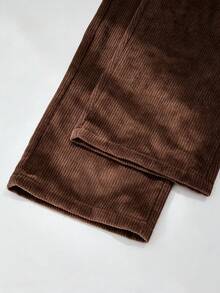 SHEIN 少女版抓絨秋季服飾 秋冬羅紋燈芯絨可調扣彈性腰連身褲，適合秋冬日常穿著 - 棕色 - 查看 8