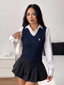 SHEIN PETITE 女款休閒日常針織馬術圖案背心 - 藏蓝色 - 查看 7