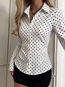 SHEIN EZwear 女款黑白波點印花長袖單排扣休閒法式優雅襯衫 教師節辦公室秋季穿搭 - 彩色 - 查看 4