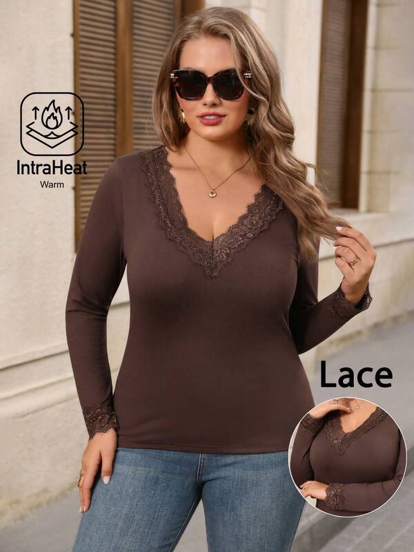 EMERY ROSE Plus Size Women's Autumn/Winter Casual Elegant Fashion Commuter Solid Brown Lace Patchwork T-Shirt Top,Daily Wear Fall,Warm,Base Layer,Going Out