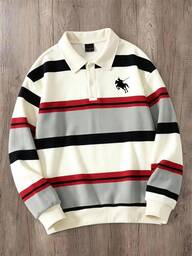 Manfinity Joysei Sudadera tipo pulóver para hombre con cuello de botones, estampado de rayas y pequeño logo de caballero, adecuada para uso casual diario y reuniones con amigos