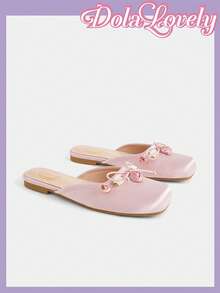 Dola Lovely Damen Rosa Satin Quadratische Zehen Schleife Blume Flache Schuhe, Sanft und Süß Vielseitig Temperament Slouchy Mules Schuhe, Modische Mules - Pink - Übersicht 7