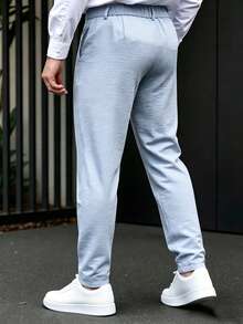 Manfinity Mode Men's Straight Leg Trousers,Light Blue Summer Casual Business Wedding Pants,Metal Buckle Textured Pleated Trousers,Loose Fit Commuter Formal Pants - Baby Blue - View 2