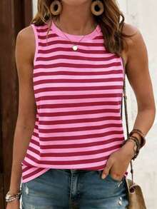 EMERY ROSE Blusa de mujer con cuello redondo, estampado de bloques de color y rayas, cómoda y casual, adecuada para uso diario en verano - Rosa Fucsia - Ver 1