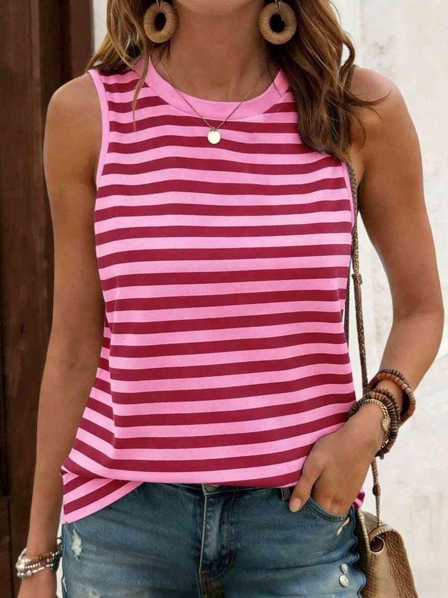 EMERY ROSE Blusa de mujer con cuello redondo, estampado de bloques de color y rayas, cómoda y casual, adecuada para uso diario en verano - Rosa Fucsia - Ver 1