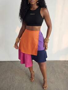 BamGlimmer Plus Size Women's Colorblock Casual Versatile Daily Wear Skirt - Multicolor - View 7