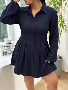 SHEIN EZwear 大尺碼女款純色百褶休閒優雅傳統日常秋季洋裝 辦公正式海軍藍秋季 - 藏蓝色 - 查看 4