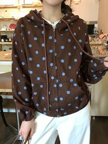 DAZY Women's Polka Dot Drawstring Hooded Casual Daily Long Sleeve Denim Jacket Fall - Brown - View 7