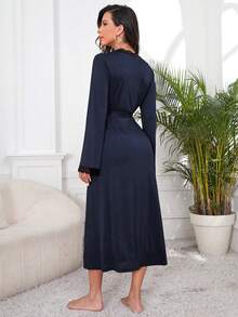 Côtesoire Lace Trim Slip Sleep Dress & Belted Robe Pajama Set, Fall Winter Clothes Cozy And Elegant Details - Navy Blue - View 2