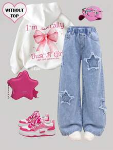 Girlism Kids Tween Girl Frayed Hem Star Loose Wide Leg Jeans - Light Wash - View 1
