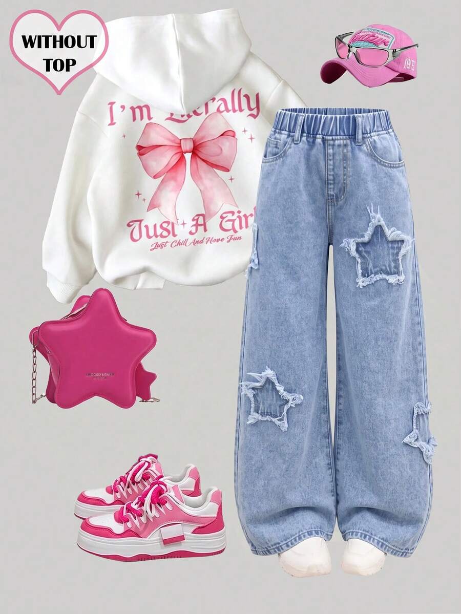 Girlism Kids Tween Girl Frayed Hem Star Loose Wide Leg Jeans - Light Wash - View 1