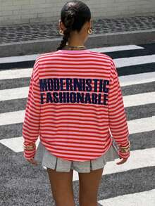 Muchica Women's Letter Stripe Print Round Neck Drop Shoulder Long Sleeve Casual T-Shirt - Red - View 2