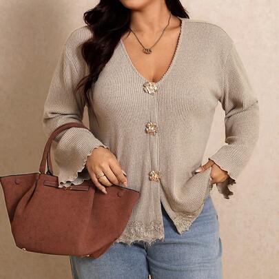 Plus Size Women's Metal 3D Flower Decor Long Sleeve Jacket