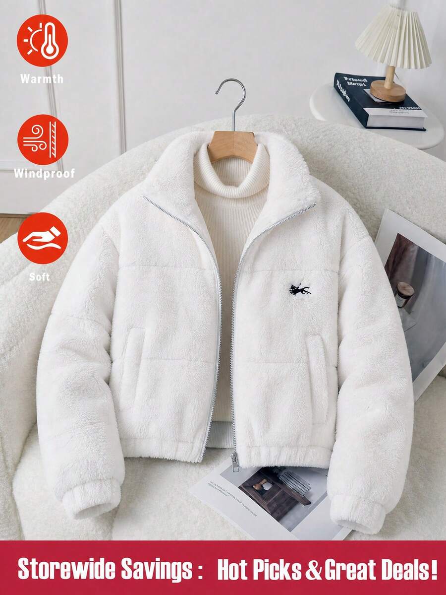 SHEIN 青少年女孩長袖抓絨可愛街頭風青少年梭織羊羔絨面料胸前刺繡圖案加厚外套,寬鬆版型白色冬季款 - 白色 - 查看 1