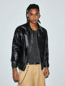 Modcrash Men's Long Sleeve Casual Solid Color Faux Leather Jacket, Autumn/Winter, Grunge Fall/Autumn/Winter - Black - View 6