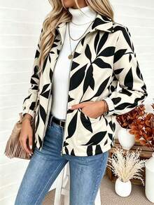SHEIN Holidaya Women's Black White Abstract Leaf Print Lapel Collar Loose Casual 1920 Vintage Short Zip-Up Composite Fleece Long Sleeve Jacket Going Out Autumn - Multicolor - View 5