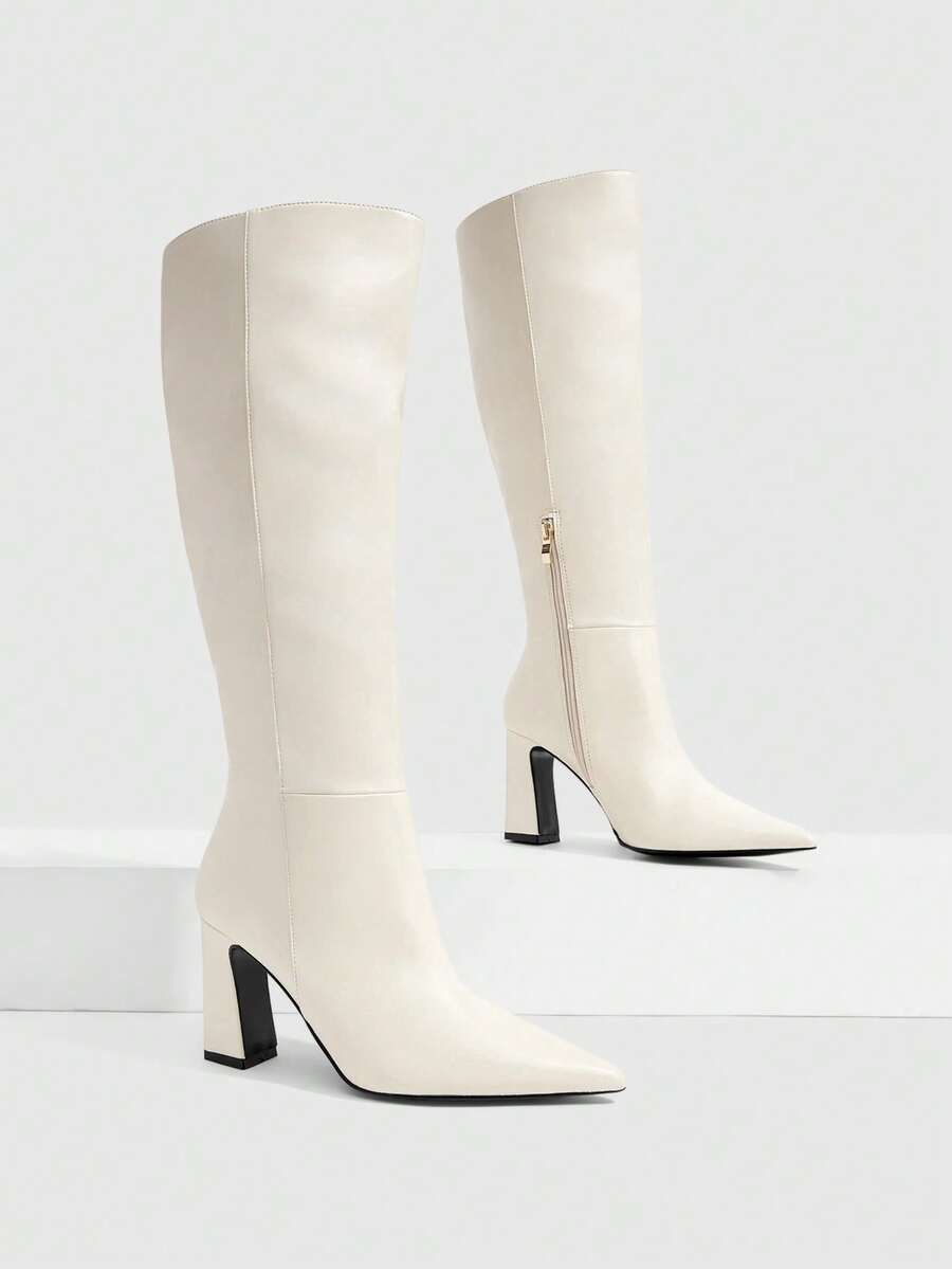 CUCCOO SZL Chic White Pointed Toe High Boots With Block Heels For Women Fall Boots - Beige - View 1