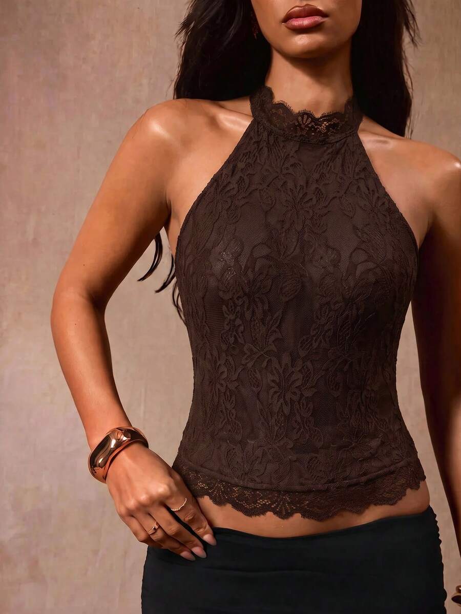 Opulessa Casual Vacation Solid Color Knit Lace Halter Neck Backless Women's Top - Brown - View 1