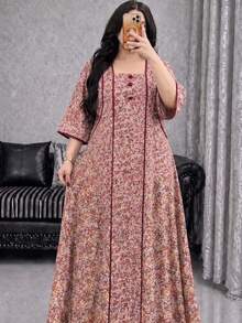 Al Najma Spring/Autumn Color Block Small Ditsy Floral Button Embellished 3/4 Sleeve Loose Fit Casual Minimalist Long Dress Plus Size Women - Multicolor - View 1