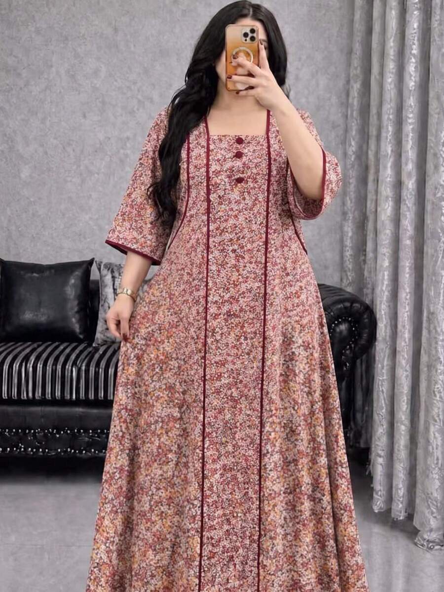 Al Najma Spring/Autumn Color Block Small Ditsy Floral Button Embellished 3/4 Sleeve Loose Fit Casual Minimalist Long Dress Plus Size Women - Multicolor - View 1