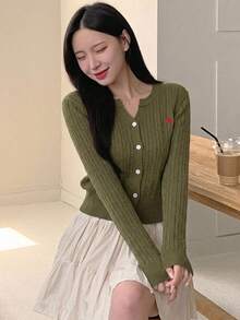 DAZY 女款刺繡時尚單排扣長袖麻花針織毛衣 秋季 - 綠色 - 查看 3