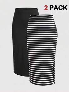 SHEIN Kids Tween Girls Tween Girl Spring/Autumn Minimalist Elegant Skirt Black & White Striped Solid Color Slim Fit Versatile Pcs - Multicolor - View 3