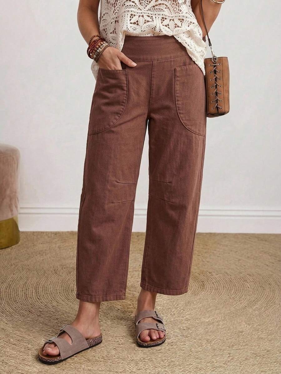 EMERY ROSE EMERY ROSE Jeans casuales holgados y acampanados para mujer con diseño de cremallera en la cintura trasera - Marrón - Ver 1