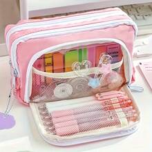 1pc Double Layer Colored Pencil Box Pencil Case Double Layer Front Open Pocket Storage Bag 22cm*13.5cm Suitable For Office And School, Decorations,Pink,School Stuff. - 1pc - View 11