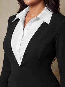 NU&NOW Setelan 2 Potong Slim Fit Slim Fit Warna Hitam Ukuran Plus untuk Kerja dan Perjalanan, Atasan Kemeja Patchwork & Celana Panjang Lurus, Cocok untuk Musim Gugur. - Hitam - View 6