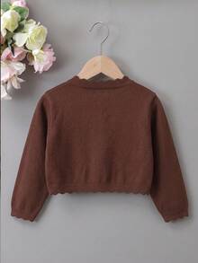 SHEIN Elladie kids 女童純色長袖休閒單扣針織開襟衫 - 棕色 - 查看 2