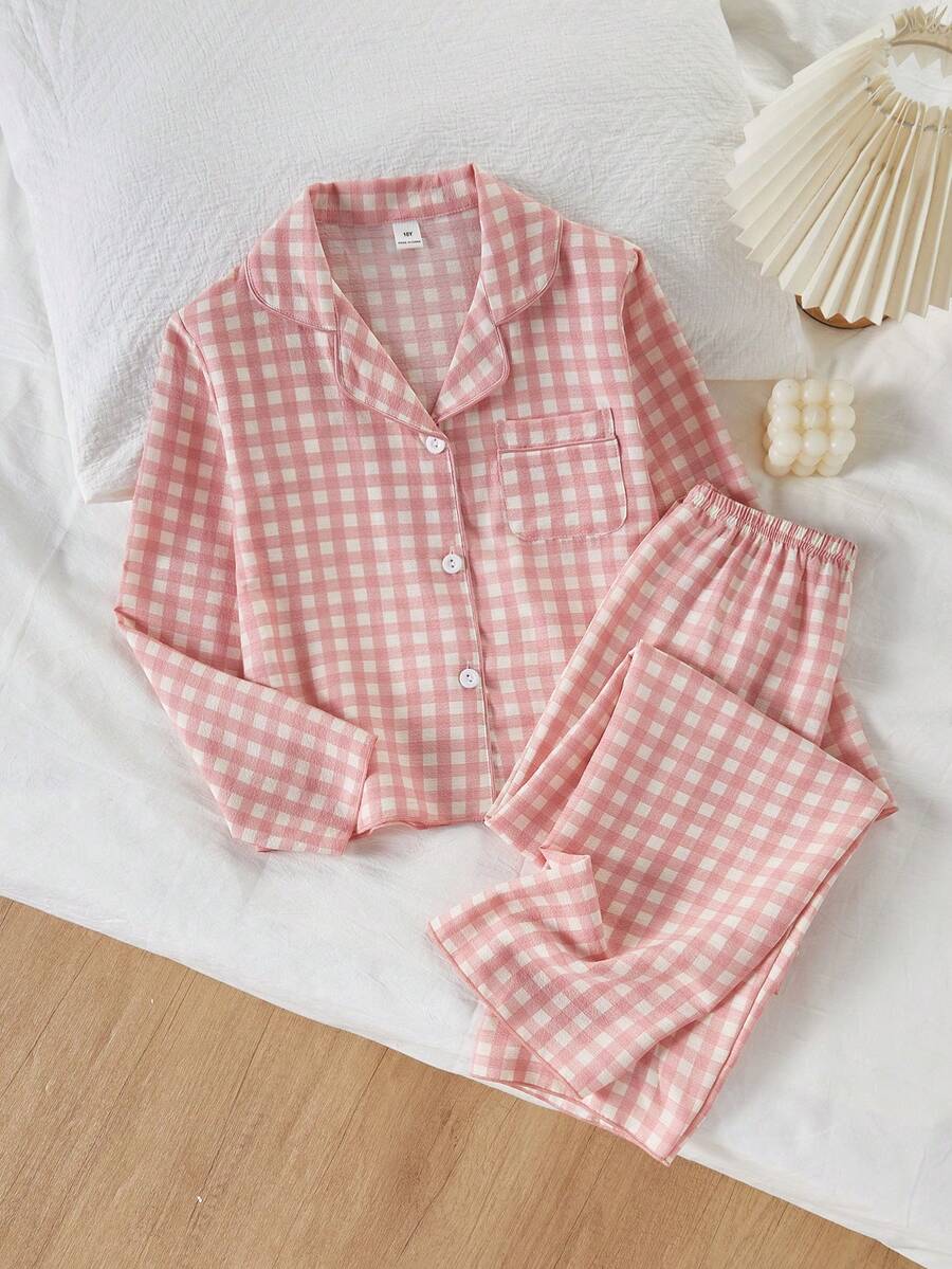 School Girl Pajamas, Pink Classic Plaid Print Long Pants And Long Sleeve Button-Up Top, Casual 2 Pieces Loungewear Set For Tween Girls - Pink - View 1