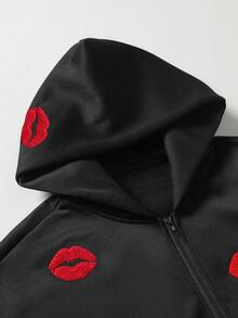 PAVTROS 男士青年款唇形刺繡連帽衛衣 - 黑色 - 查看 7