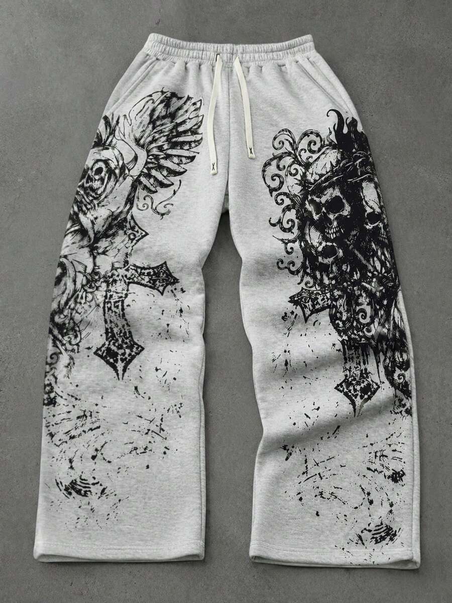 ROMWE MEN Men's Skull & Cross Print Loose Fit Sweatpants - Grey - View 1
