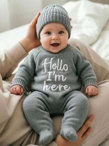 SHEIN 2件組 Hello I'm Here 趣味圖案刺繡新生兒攝影套裝 針織海軍藍連身褲連帽衣 嬰兒拍照道具 秋季款 - 灰色 - 查看 1