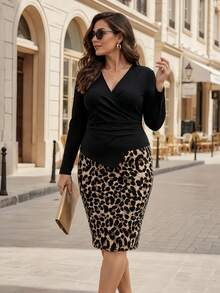 EMERY ROSE Plus Size Women Solid Color V-Neck Long Sleeve Top Leopard Print Skirt 2 Pieces Set Autumn Clothes Elegant Casual Office Formal Black Fall - Multicolor - View 1
