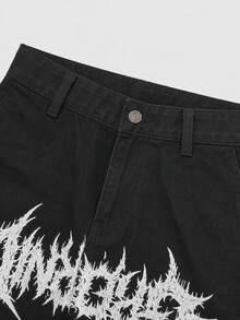 Manfinity EMRG 男士夏季新款街頭風 Grunge 荊棘印花黑色寬鬆牛仔短褲，適合電音派對演唱會 - 黑色 - 查看 3
