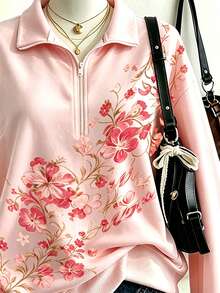 Lalippa 女款半拉鍊套頭運動衫，復古花卉印花，翻領，休閒粉色長袖上衣，街頭風美學，秋冬款 - 彩色 - 查看 3