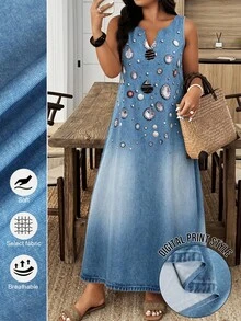 Weeklong Black Large Floral Printed Sleeveless V-Neck Button-Accented Maxi Dress - Plus-Size Women's Dress For Vacation, Casual Wear & Office In Spring & Summer - Multicolor - View 1