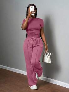 Slaydiva 2025 Women's Casual Dusty Rose Summer Lounge Set,Solid Round Neck Slim Short Sleeve T-Shirt & Drawstring Waist Straight Pants Two Pieces Set,Party - Dusty Pink - View 6